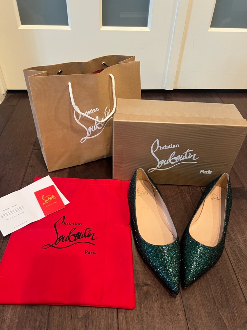 Christian Louboutin Green Glitter Pointed-Toe Flats with Red Dust Bag, box & bag - Picture 3 of 7
